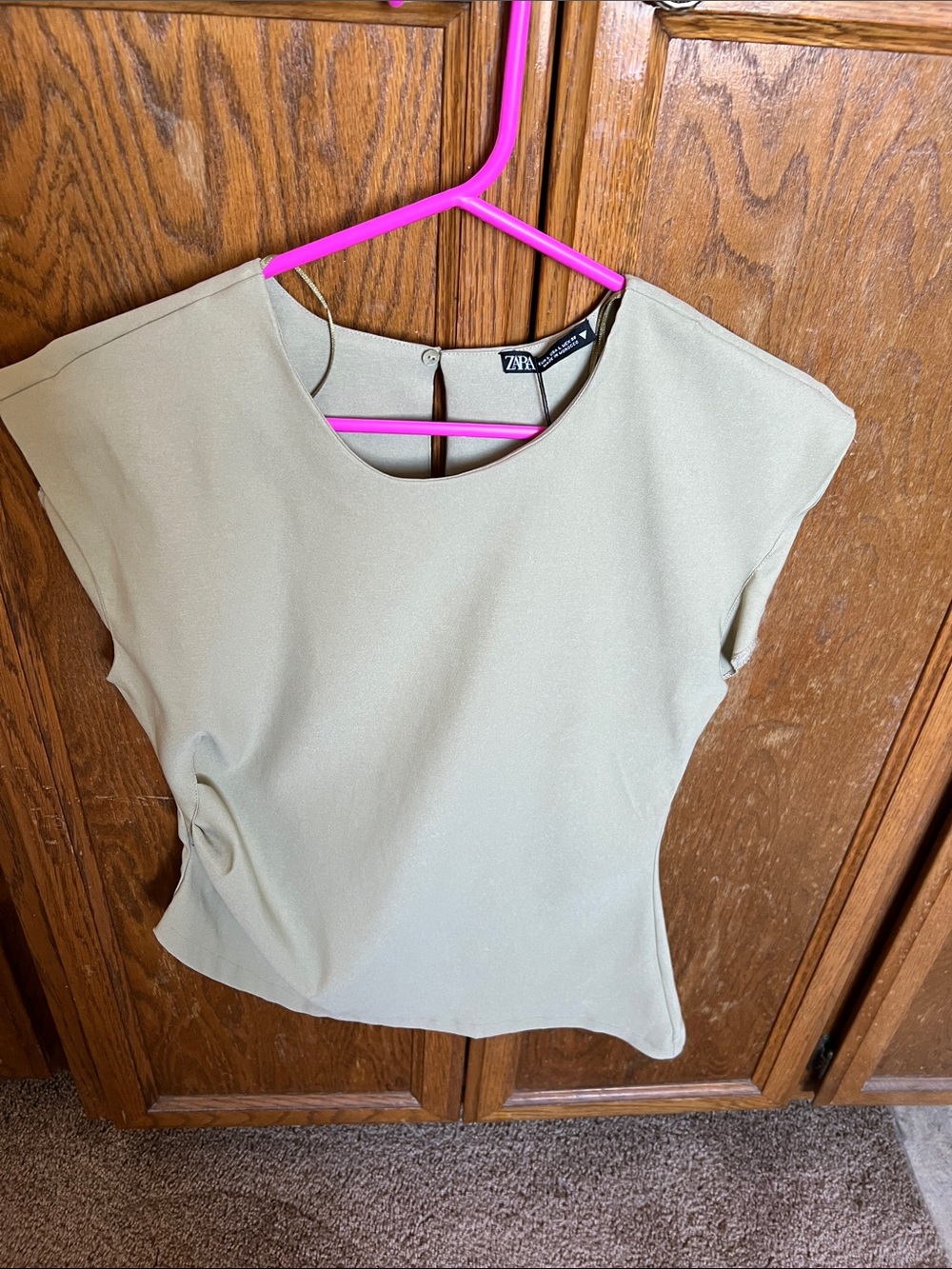 Zara Light Olive Cap-Sleeve Crew Neck Top